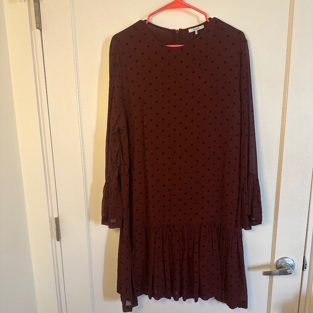 Ganni Polka Dot LS Dress with Pleated Skirt